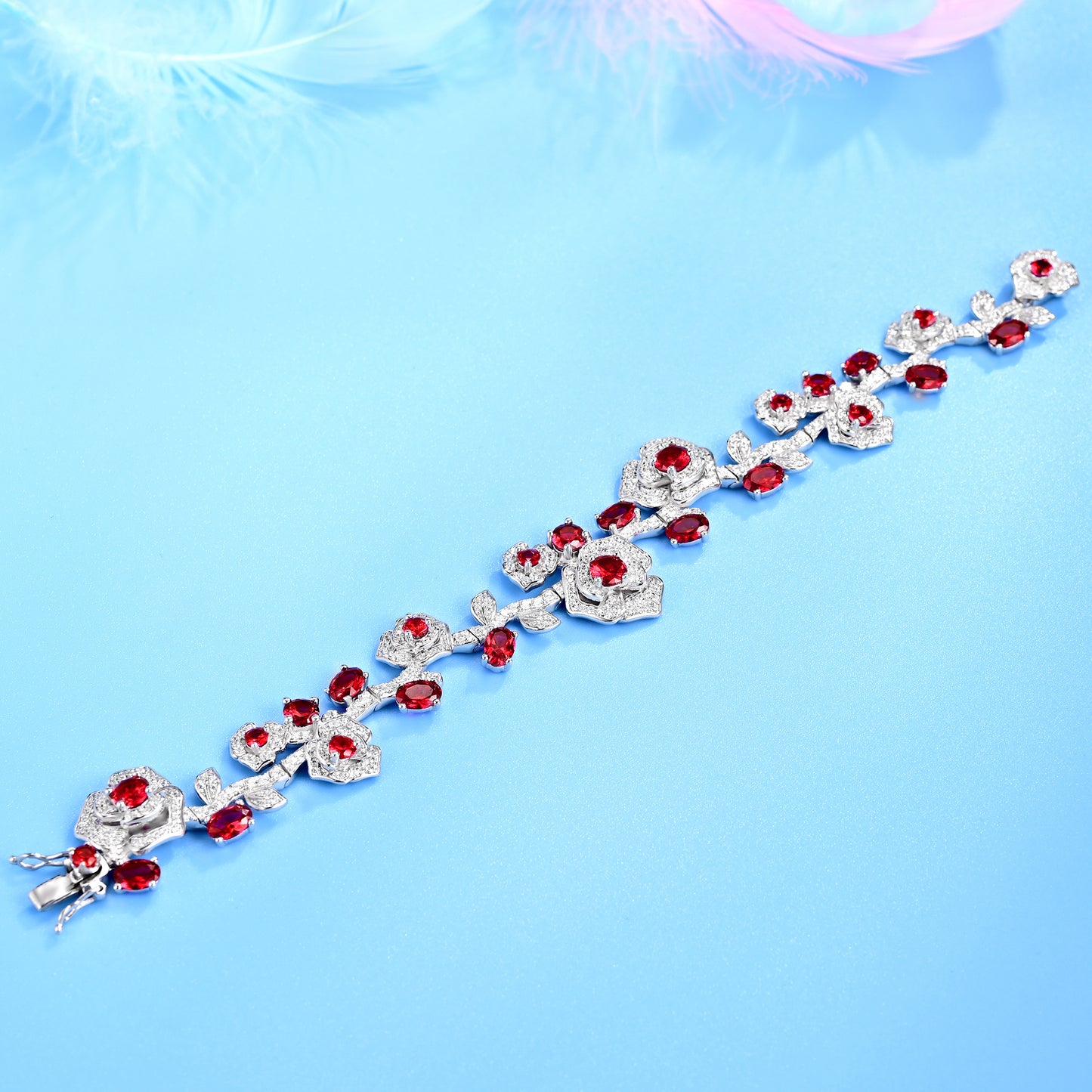 Lab Grown Ruby Rose Flower Bracelet, 925 Sterling Silver 9ct Red Gemstone Statement Bracelet, 4x6mm