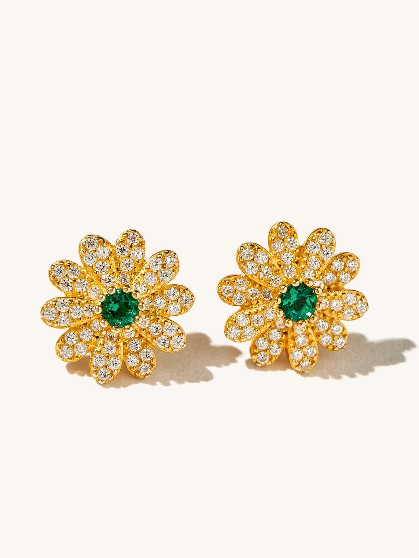 925 Sterling Silver Gold-Plated Lab-Grown Emerald Daisy Flower Stud Earrings | Dainty Floral Green Gemstone Earrings