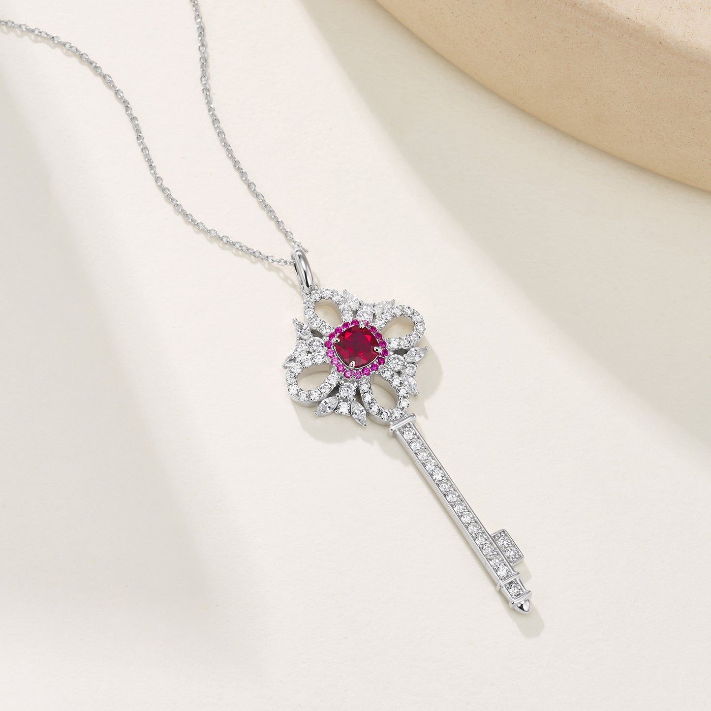 925 Sterling Silver Lab-Grown Ruby Key Pendant Necklace | Vintage Halo Key Charm Necklace