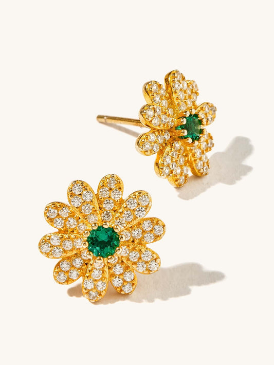 925 Sterling Silver Gold-Plated Lab-Grown Emerald Daisy Flower Stud Earrings | Dainty Floral Green Gemstone Earrings