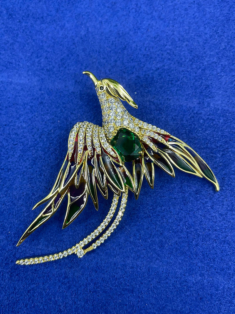 Lab Grown Emerald Phoenix Brooch, 925 Sterling Silver Multicolor Enamel Bird Pin, 2.01ct