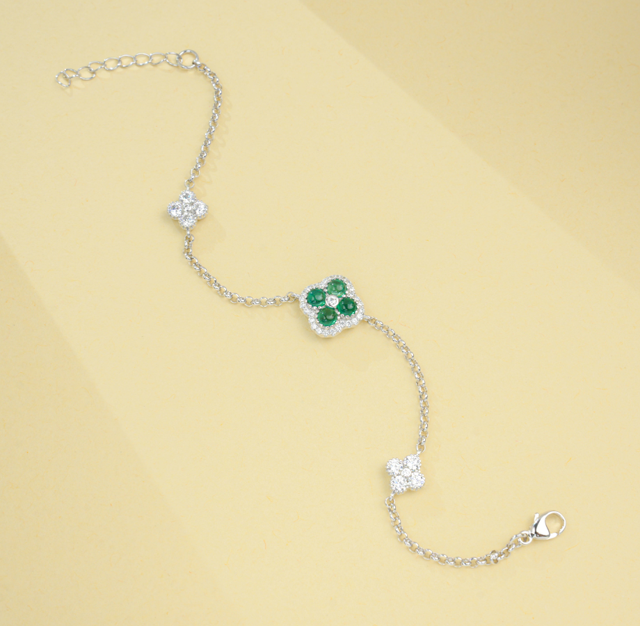 S925 Sterling Silver Emerald Clover Adjustable Bracelet