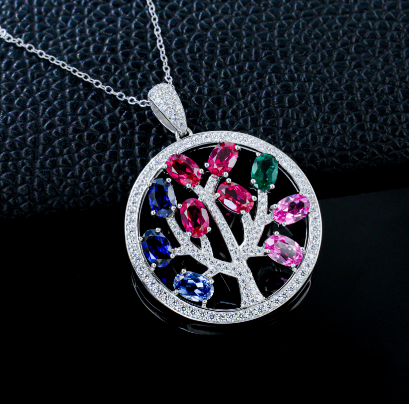 S925 Sterling Silver Multicolor Lab Grown Sapphire Tree of Life Round Pendant Necklace