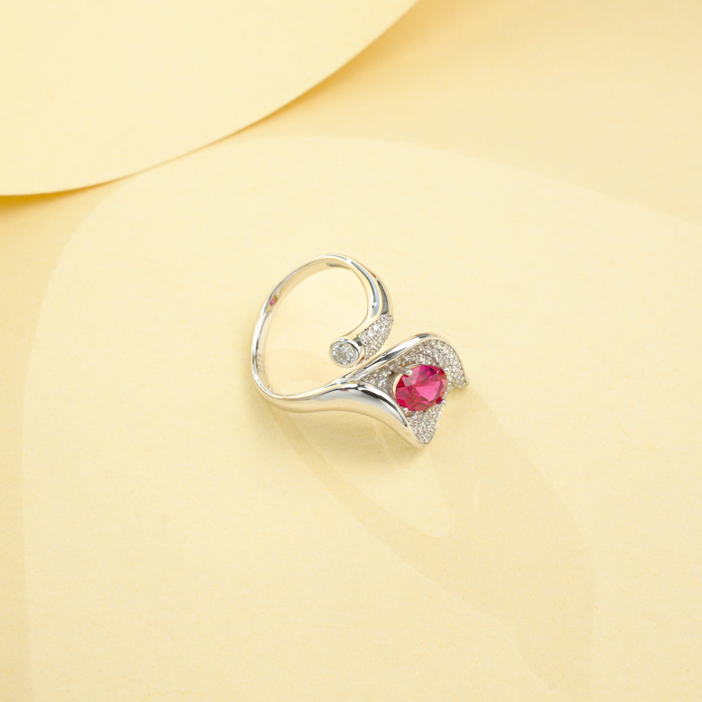 925 Sterling Silver Bypass Open Ring, 0.98ct Oval Lab Grown Ruby Adjustable Ring with Pave CZ
