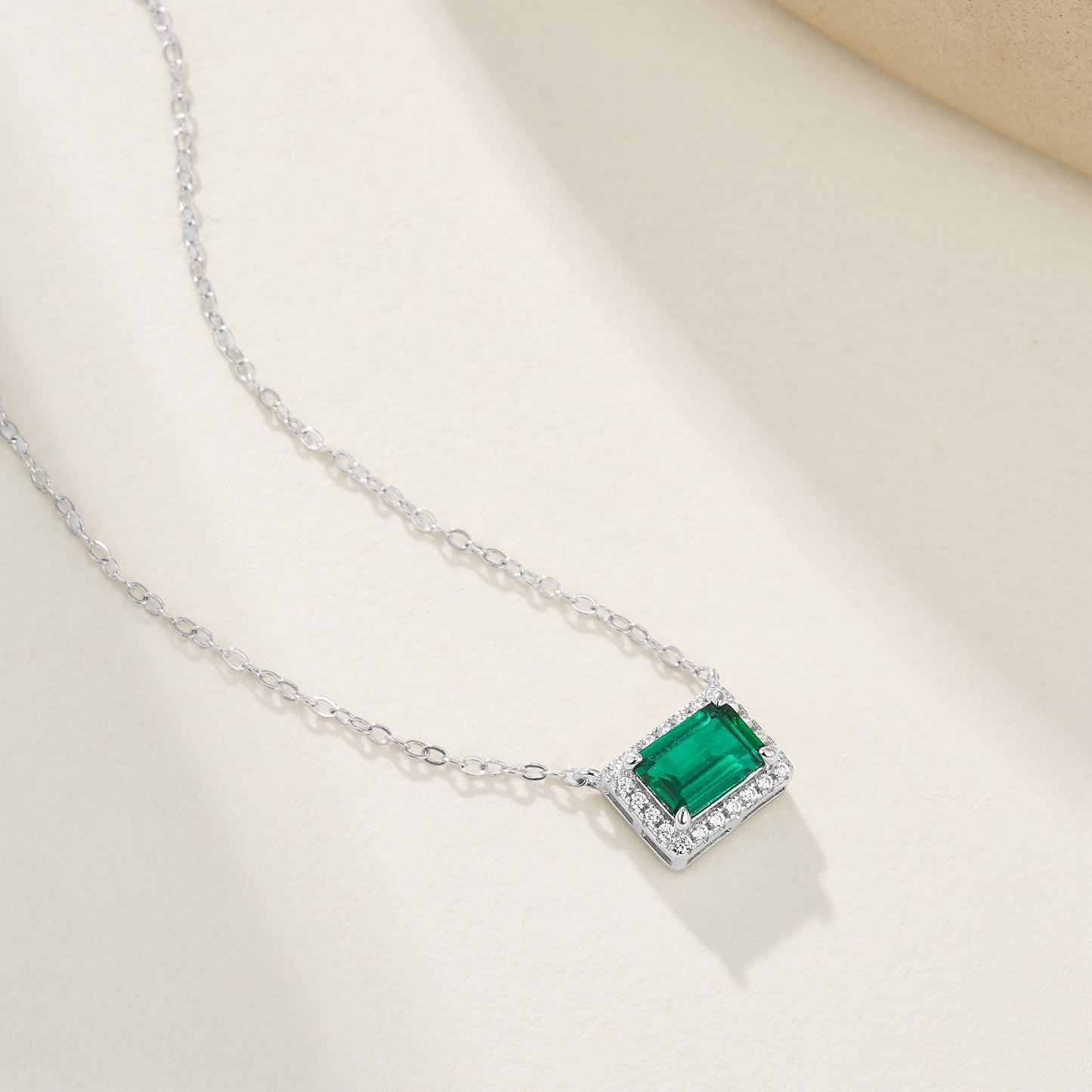 0.9CT Lab Grown Emerald Cut Halo Pendant Necklace, 925 Sterling Silver Green Gemstone Necklace