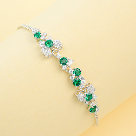 Lab Grown Emerald Floral Cluster Station Bracelet, 925 Sterling Silver 1.1ct Green Gemstone, 7 Stones