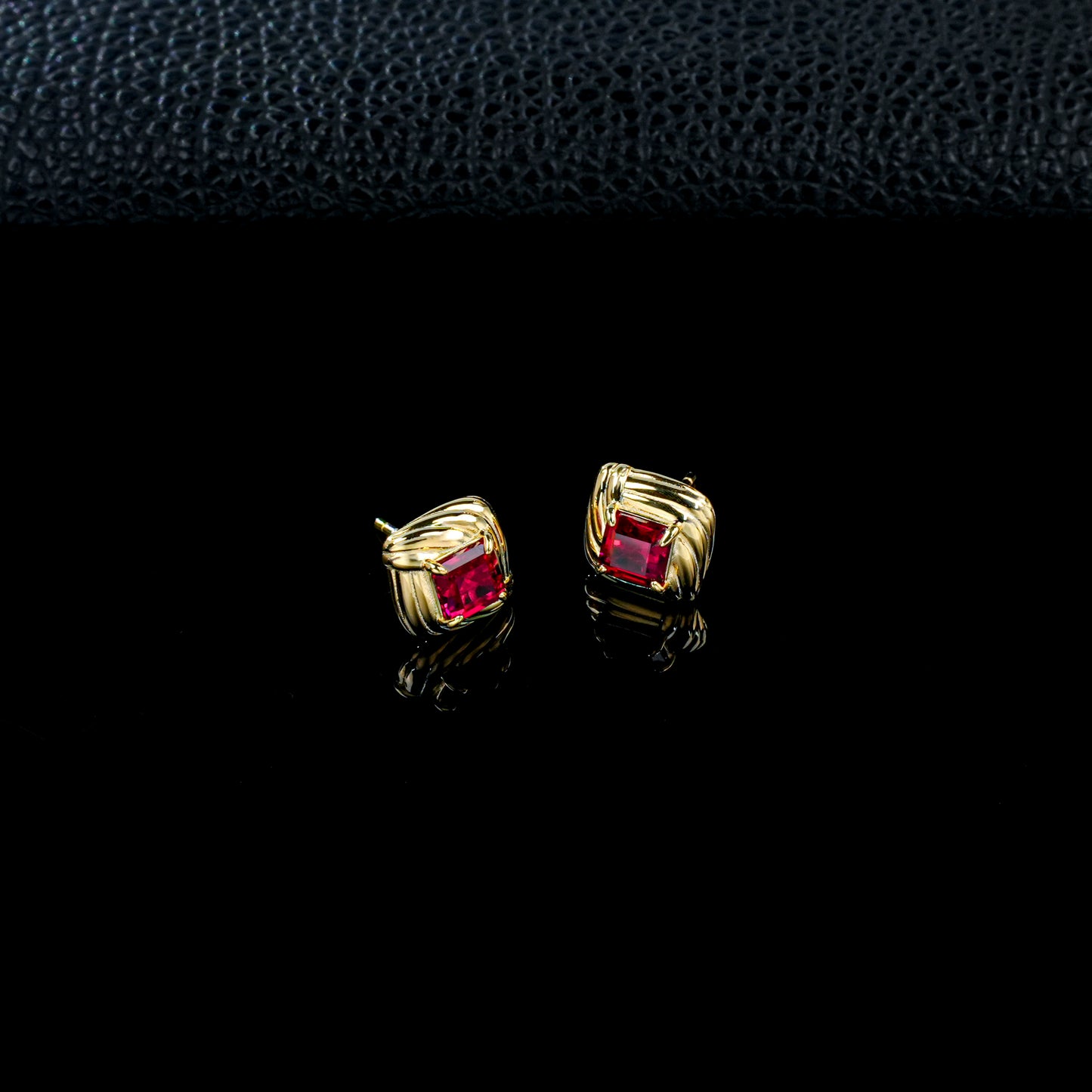 925 Sterling Silver Gold-Plated Square Twist Earrings | 5mm Princess Cut Lab-Grown Ruby Stud Earrings