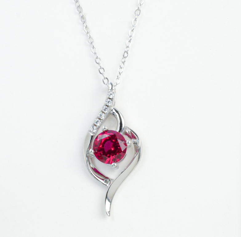S925 Sterling Silver Lab Grown Ruby Leaf Pendant Necklace