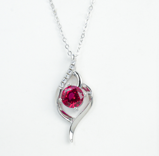 S925 Sterling Silver Lab Grown Ruby Leaf Pendant Necklace