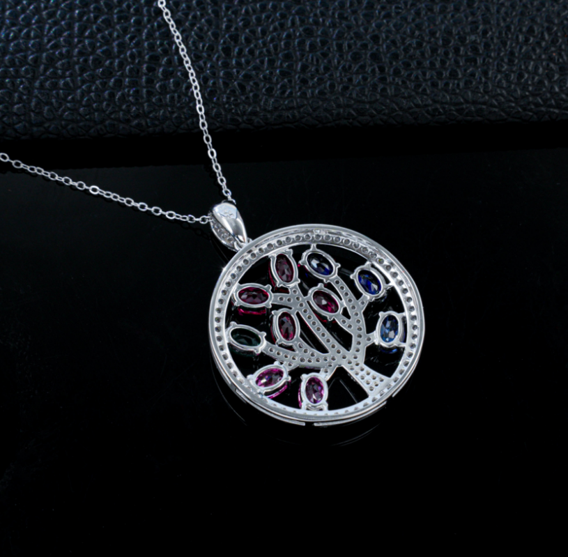 S925 Sterling Silver Multicolor Lab Grown Sapphire Tree of Life Round Pendant Necklace