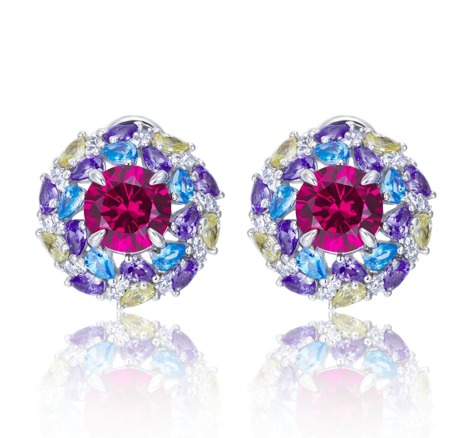 925 Sterling Silver Multi-Color Halo Stud Earrings, Round Lab Grown Ruby Earrings with Lab Created Gemstone Accents
