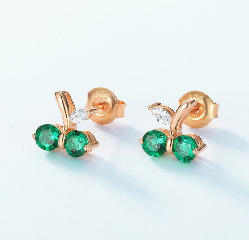 S925 Sterling Silver Rose Gold Plated Emerald Cherry Stud Earrings