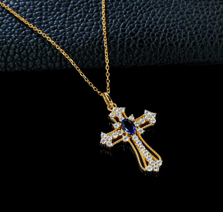 S925 Sterling Silver Lab Grown Blue Sapphire Vintage Cross Pendant Necklace