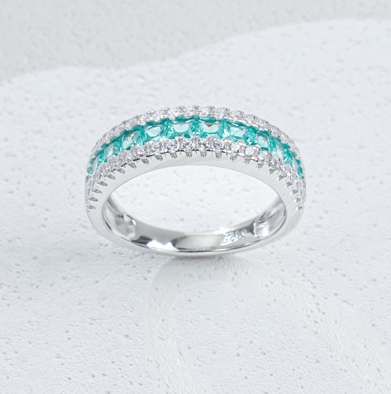S925 Sterling Silver Lab Grown Paraiba Hue Green Garnet Half Eternity Ring