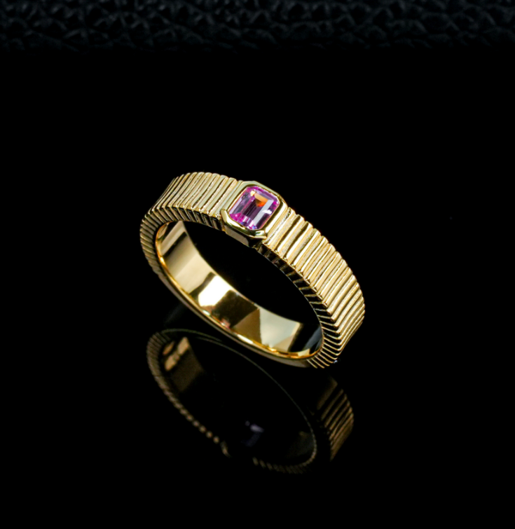 S925 Sterling Silver Lab Grown Padparadscha Sapphire Fluted Band Ring