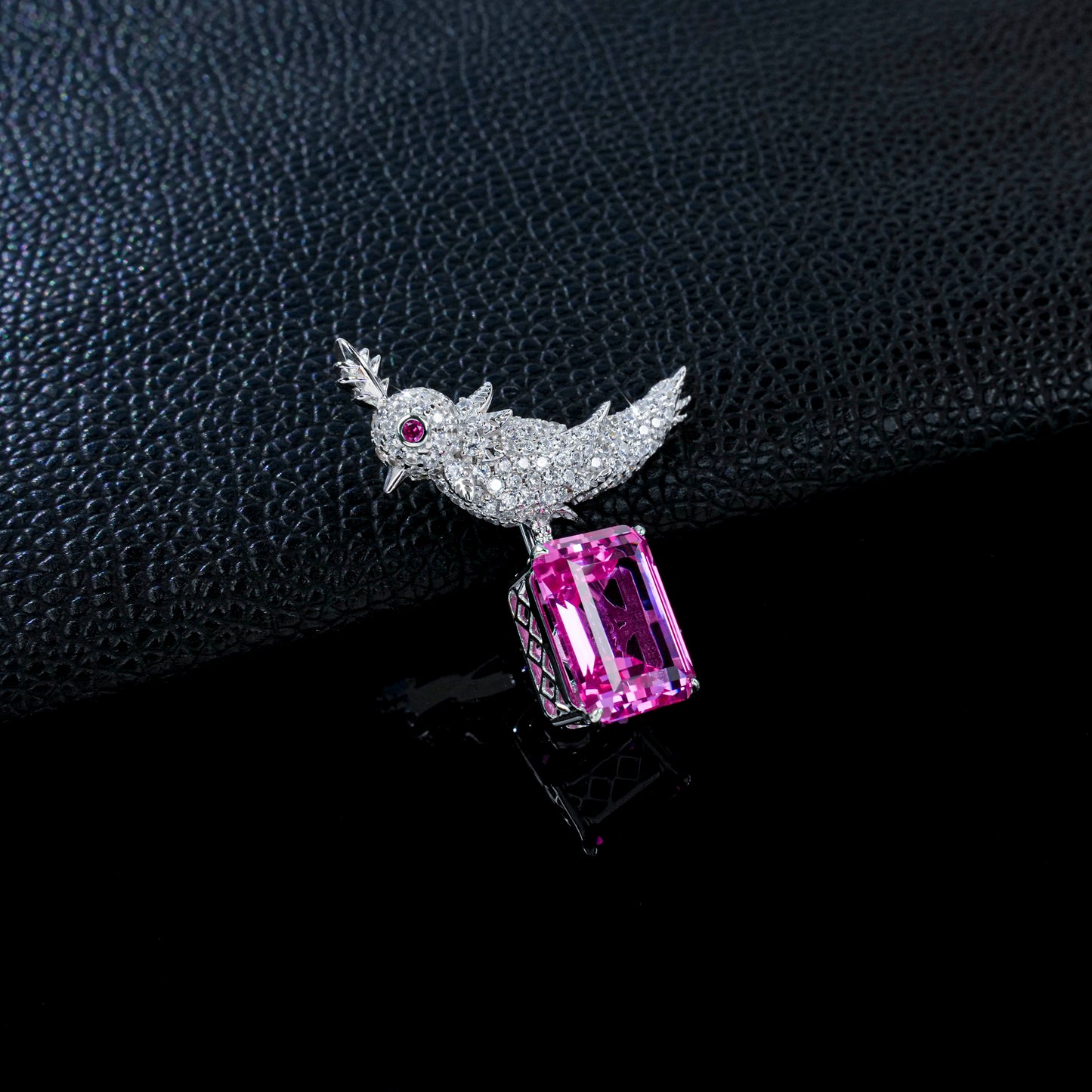 925 Sterling Silver Bird Brooch Pin, Emerald Cut Lab Created Padparadscha Pink Sapphire Brooch with Pave Zircon