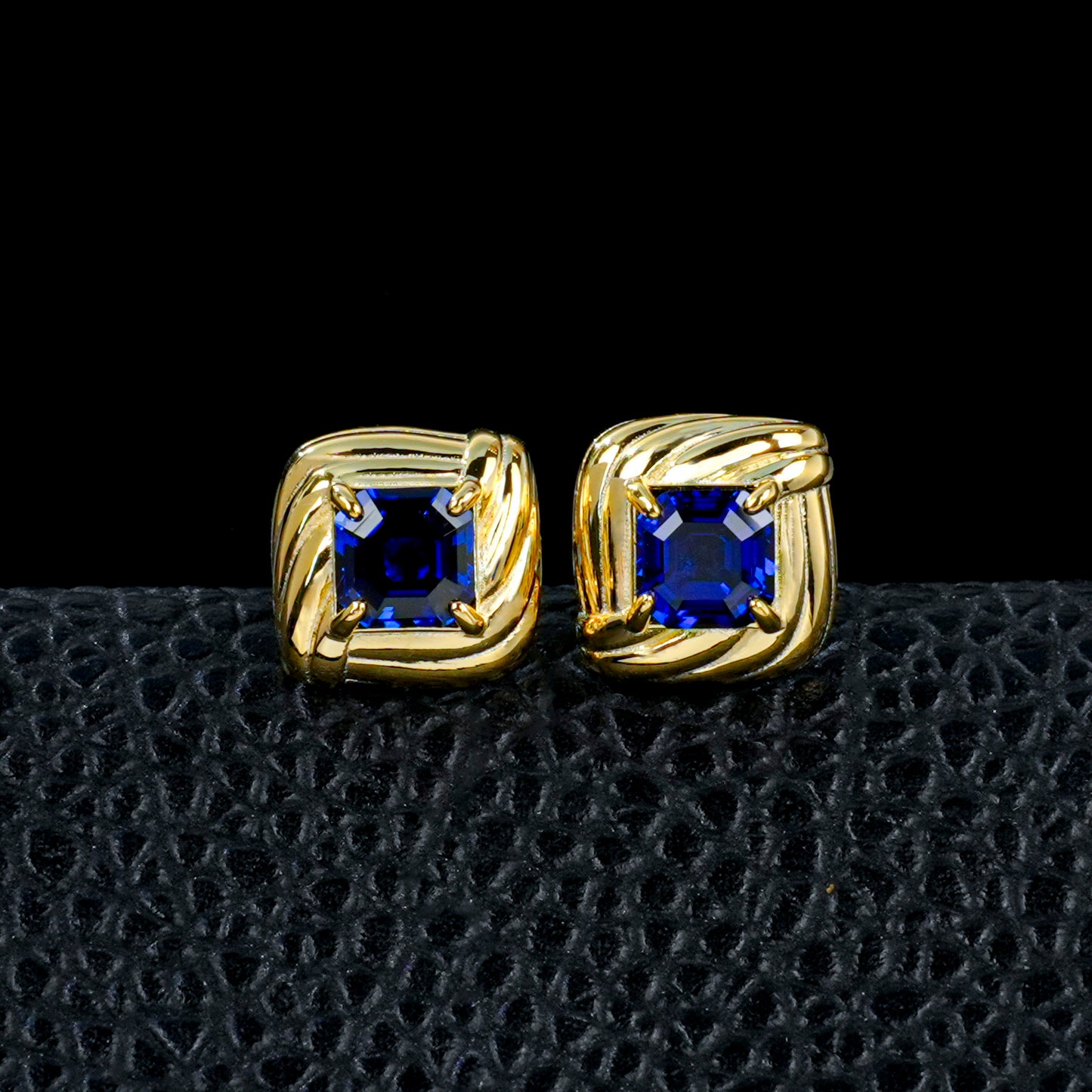 925 Sterling Silver Gold-Plated Square Twist Earrings | 5mm Princess Cut Lab-Grown Blue Sapphire Stud Earrings