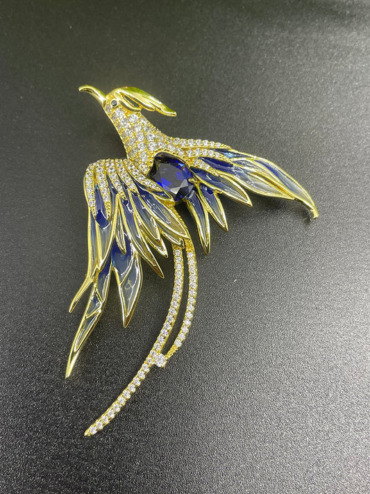 Lab Grown Blue Sapphire Phoenix Brooch Pin, 925 Sterling Silver Enamel Bird Statement Brooch, 3.05ct