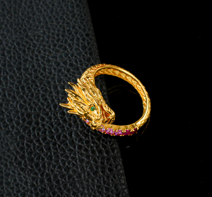 S925 Sterling Silver 22K Gold Plated 3D Sculpted Chinese Dragon Statement Ring