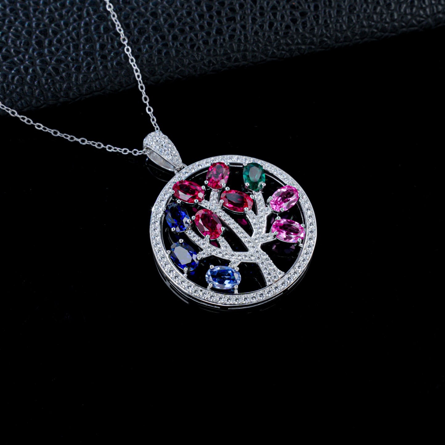 925 Sterling Silver Tree of Life Pendant Necklace, Multi-Color Lab Grown Gemstone Circle Necklace with Pave CZ