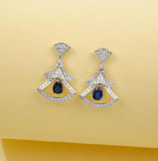 S925 Sterling Silver Lab Grown Blue Sapphire Pear Cut Skirt Shape Stud Earrings