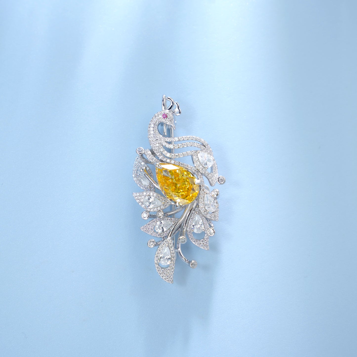 Peacock Brooch Pin with Yellow Cubic Zirconia, 925 Sterling Silver CZ Statement Bird Brooch for Women