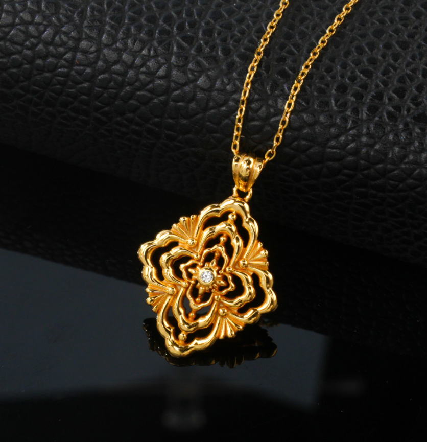 S925 Sterling Silver K Gold Plated Vintage Filigree Floral Openwork Pendant Necklace