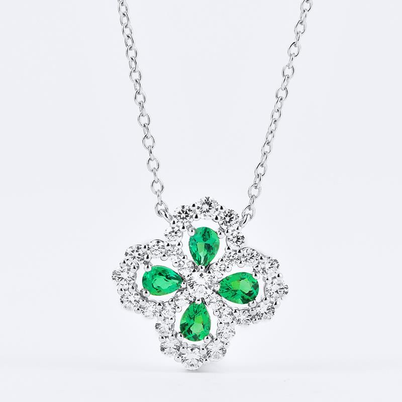 Lab Grown Emerald Four Leaf Clover Pendant Necklace, 925 Sterling Silver, Pear Cut 1ct Total