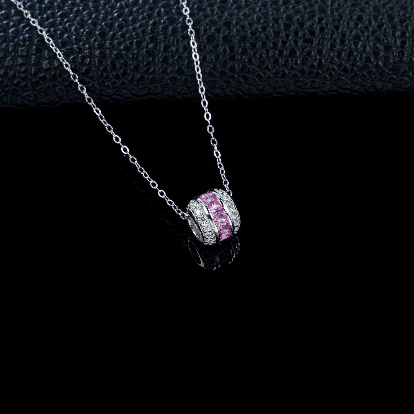 925 Sterling Silver Lab Grown Padparadscha Sapphire Barrel Pendant Necklace - Pave Cylinder Dainty Necklace