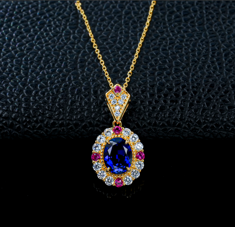 S925 Sterling Silver Lab Grown Blue Sapphire & Ruby Halo Vintage Pendant Necklace