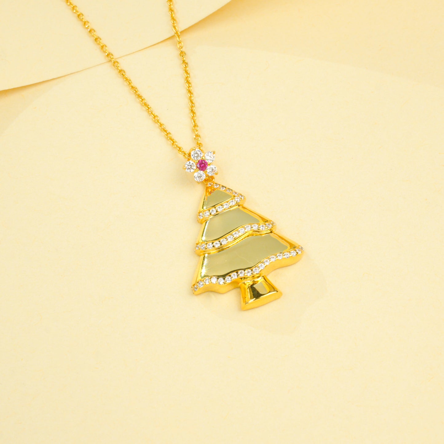 925 Sterling Silver Gold Tone Christmas Tree Pendant Necklace, CZ Paved Holiday Necklace with Ruby Red Accent