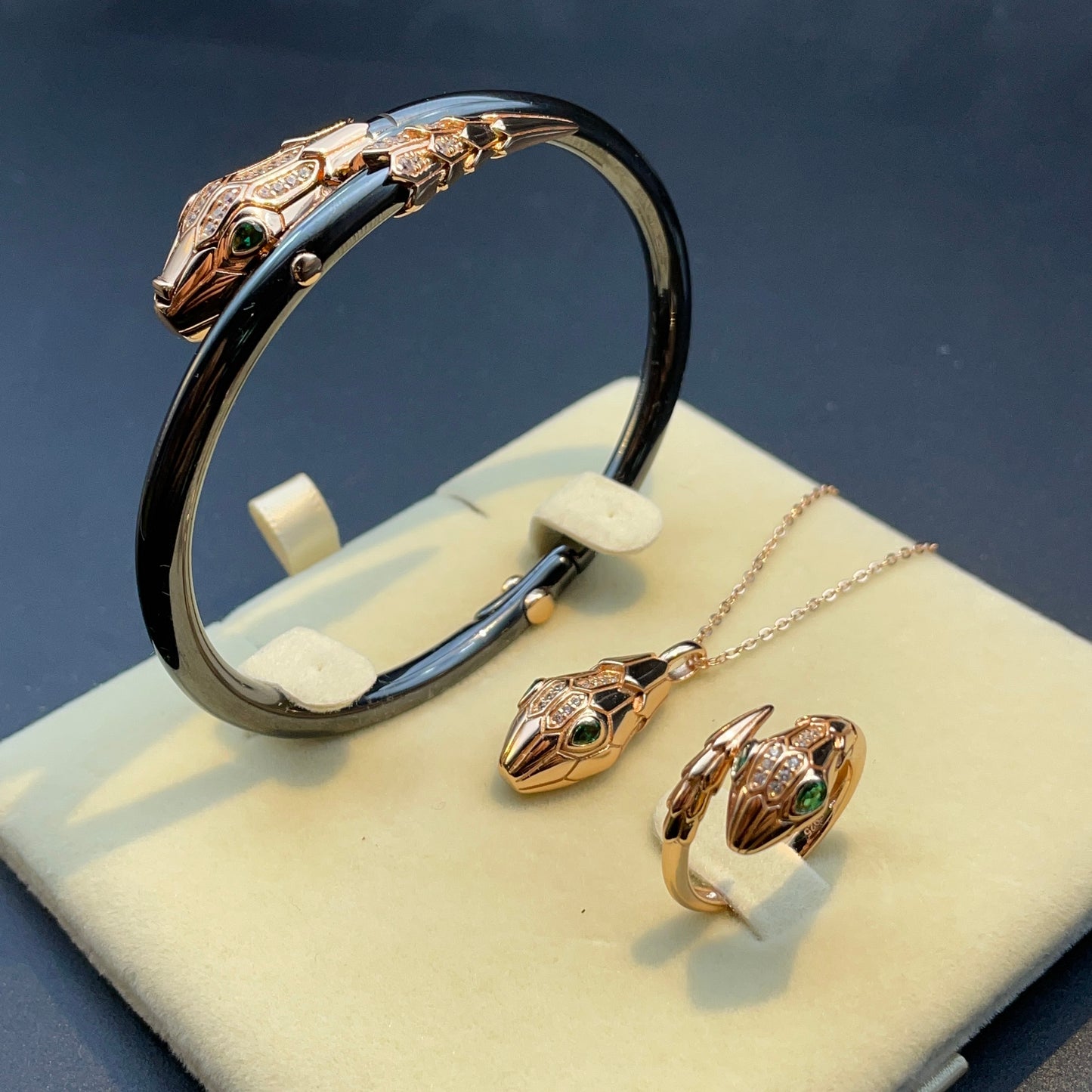 925 Sterling Silver Snake Head Nano Ceramic Jewelry 3-Piece Set Rose Gold