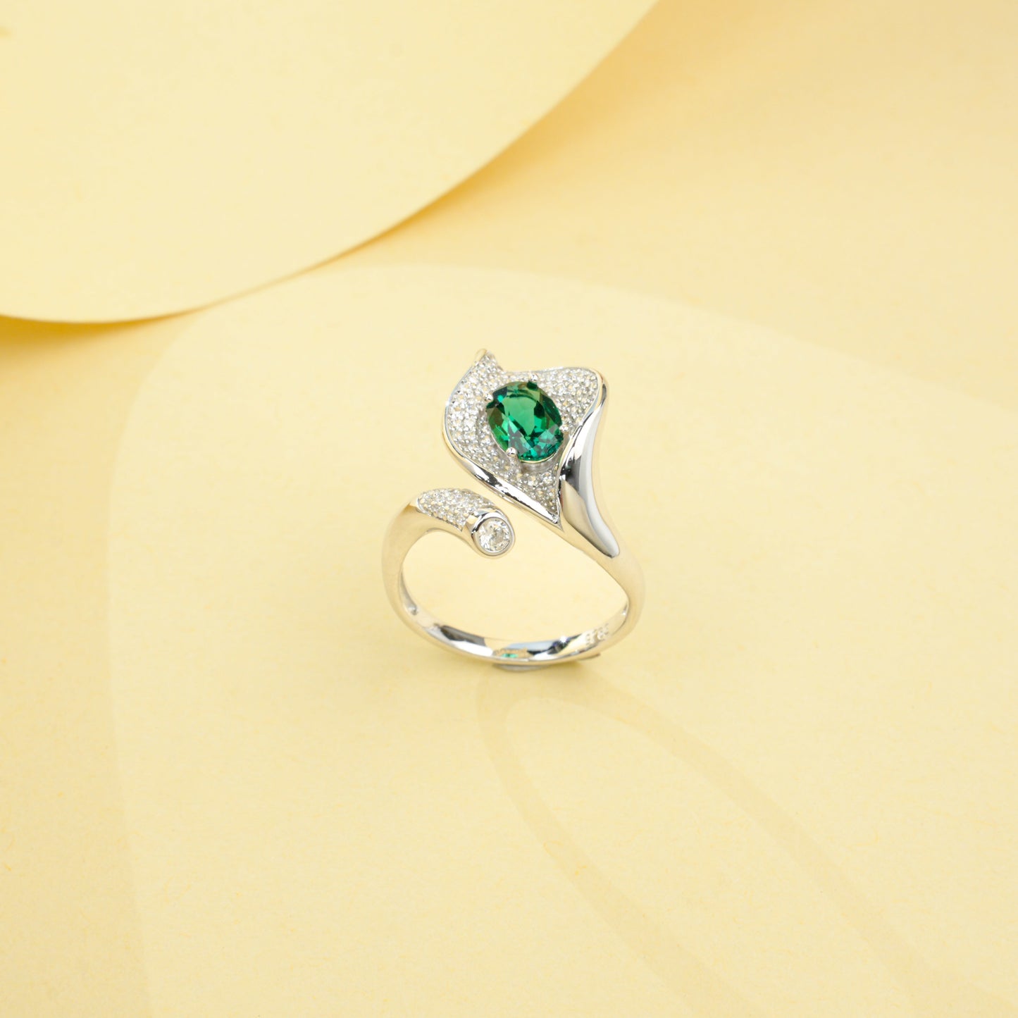 925 Sterling Silver Bypass Open Ring, 0.67ct Oval Lab Grown Emerald Adjustable Ring with Pave CZ