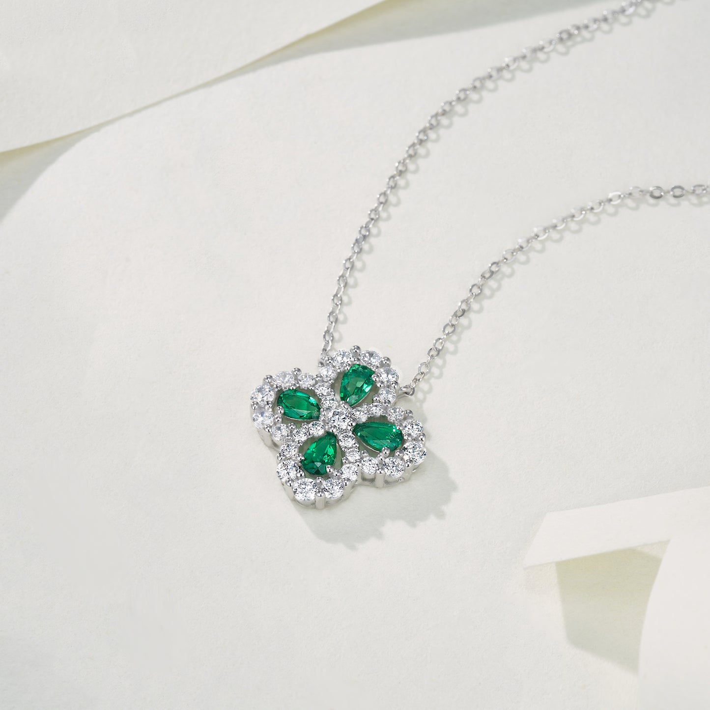 Lab Grown Emerald Four Leaf Clover Pendant Necklace, 925 Sterling Silver, Pear Cut 1ct Total