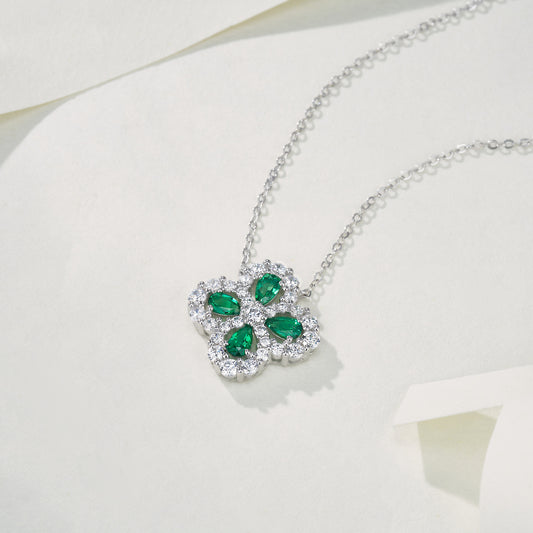 Lab Grown Emerald Four Leaf Clover Pendant Necklace, 925 Sterling Silver, Pear Cut 1ct Total