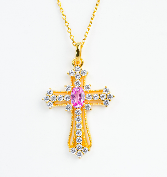 S925 Sterling Silver Lab Grown Padparadscha Sapphire Vintage Cross Pendant Necklace