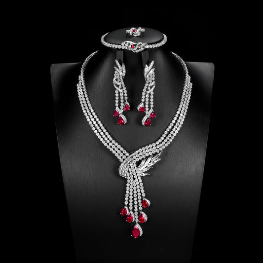 4-Piece Lab Grown Ruby Statement Jewelry Set, 925 Sterling Silver Pave Bridal Necklace Set，Luxury Teardrop，Formal Evening & Wedding Set