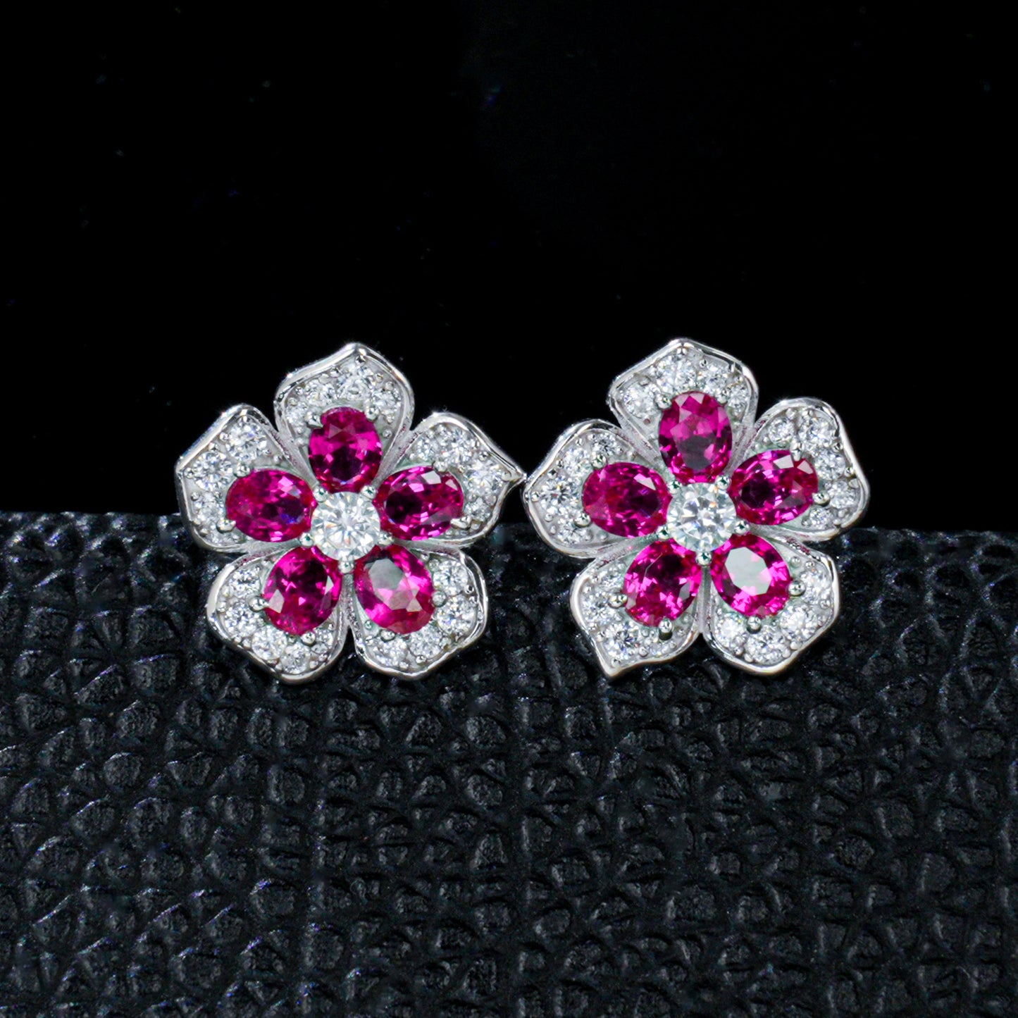 925 Sterling Silver Flower Stud Earrings, Oval Cut Lab Grown Ruby Earrings with Pave CZ