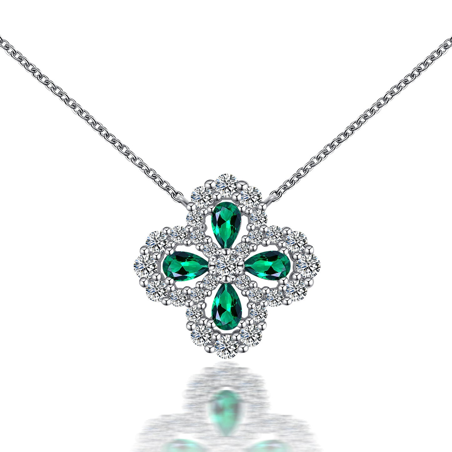 Lab Grown Emerald Four Leaf Clover Pendant Necklace, 925 Sterling Silver, Pear Cut 1ct Total
