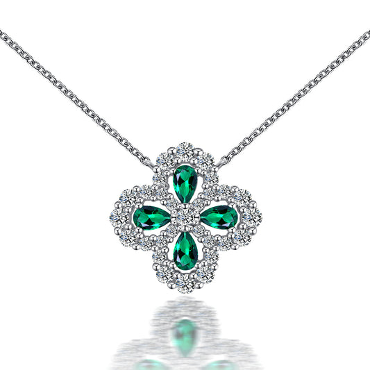Lab Grown Emerald Four Leaf Clover Pendant Necklace, 925 Sterling Silver, Pear Cut 1ct Total