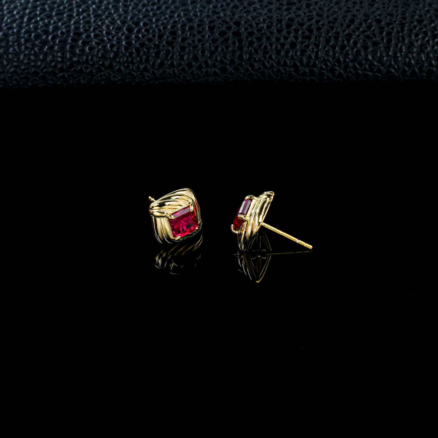 925 Sterling Silver Gold-Plated Square Twist Earrings | 5mm Princess Cut Lab-Grown Ruby Stud Earrings