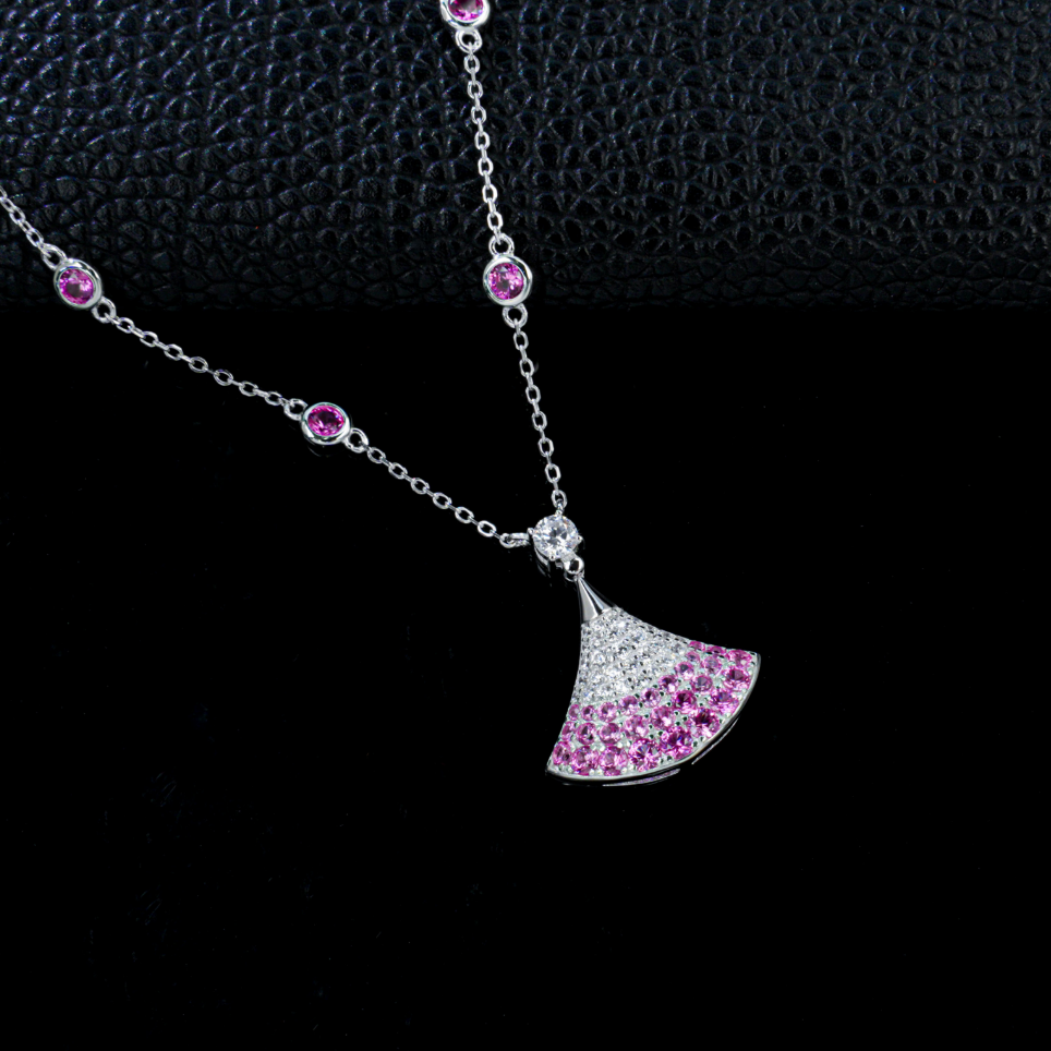 S925 Sterling Silver Lab Grown Padparadscha Sapphire Fan Shape Station Chain Necklace