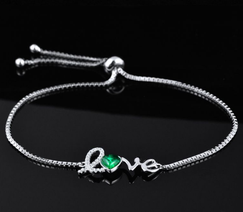 S925 Sterling Silver Heart Emerald LOVE Letter Adjustable Bracelet
