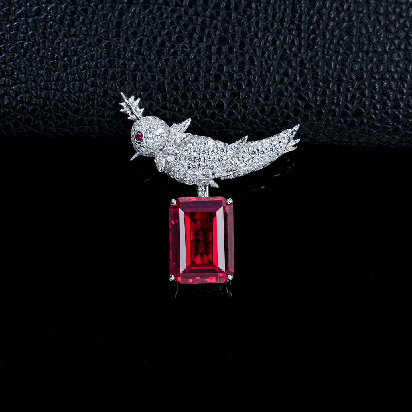 Lab Grown Ruby Bird Brooch, 925 Sterling Silver Emerald Cut Red Gemstone Statement Lapel Pin