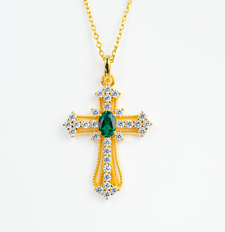 S925 Sterling Silver Lab Grown Emerald Vintage Cross Pendant Necklace