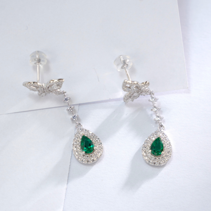 S925 Sterling Silver Butterfly Emerald Pear Cut Drop Dangle Earrings