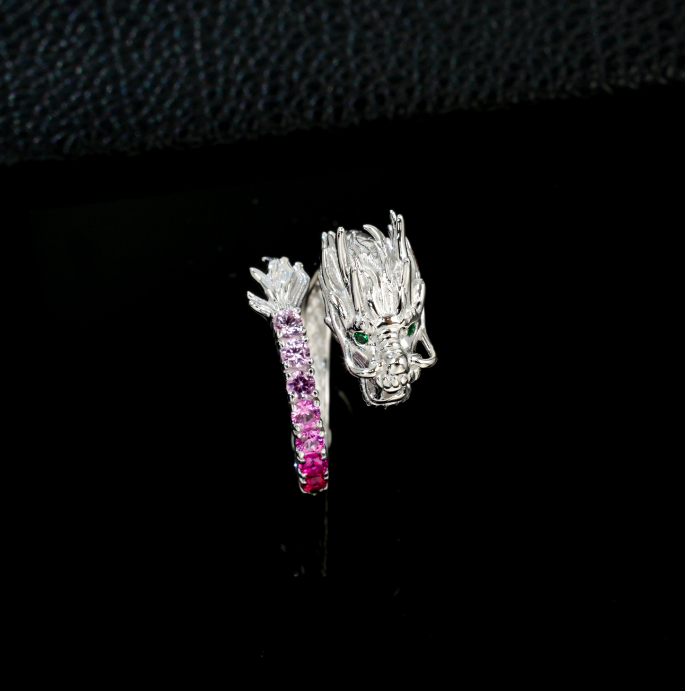 S925 Sterling Silver White Gold Plated 3D Sculpted Chinese Dragon Statement Ring