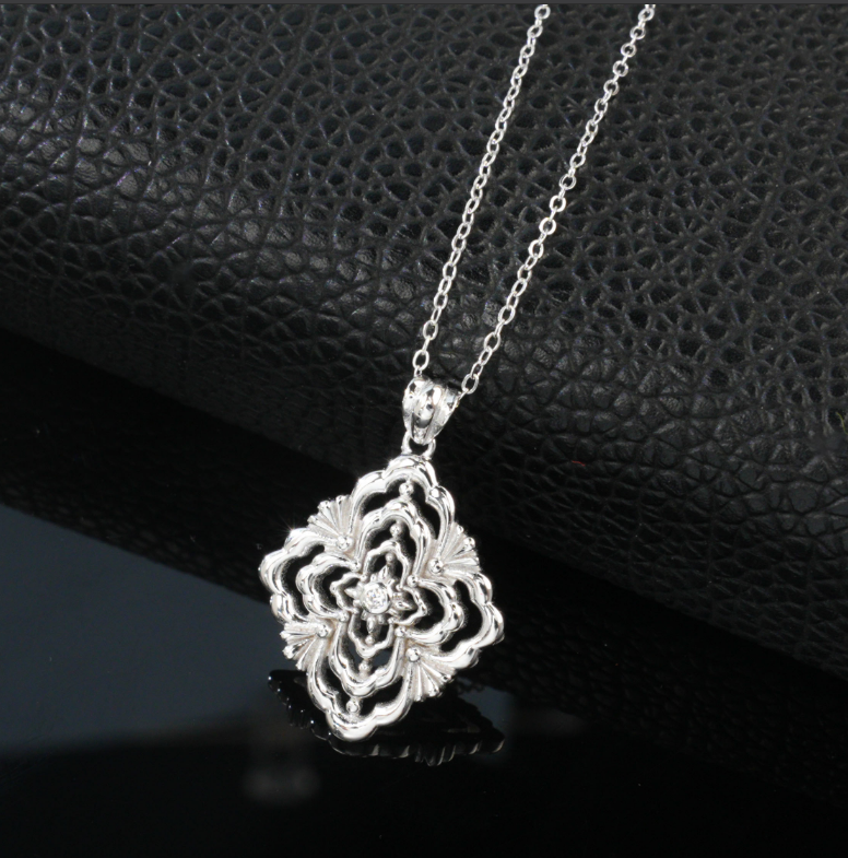 S925 Sterling Silver White Gold Plated Vintage Filigree Floral Openwork Pendant Necklace