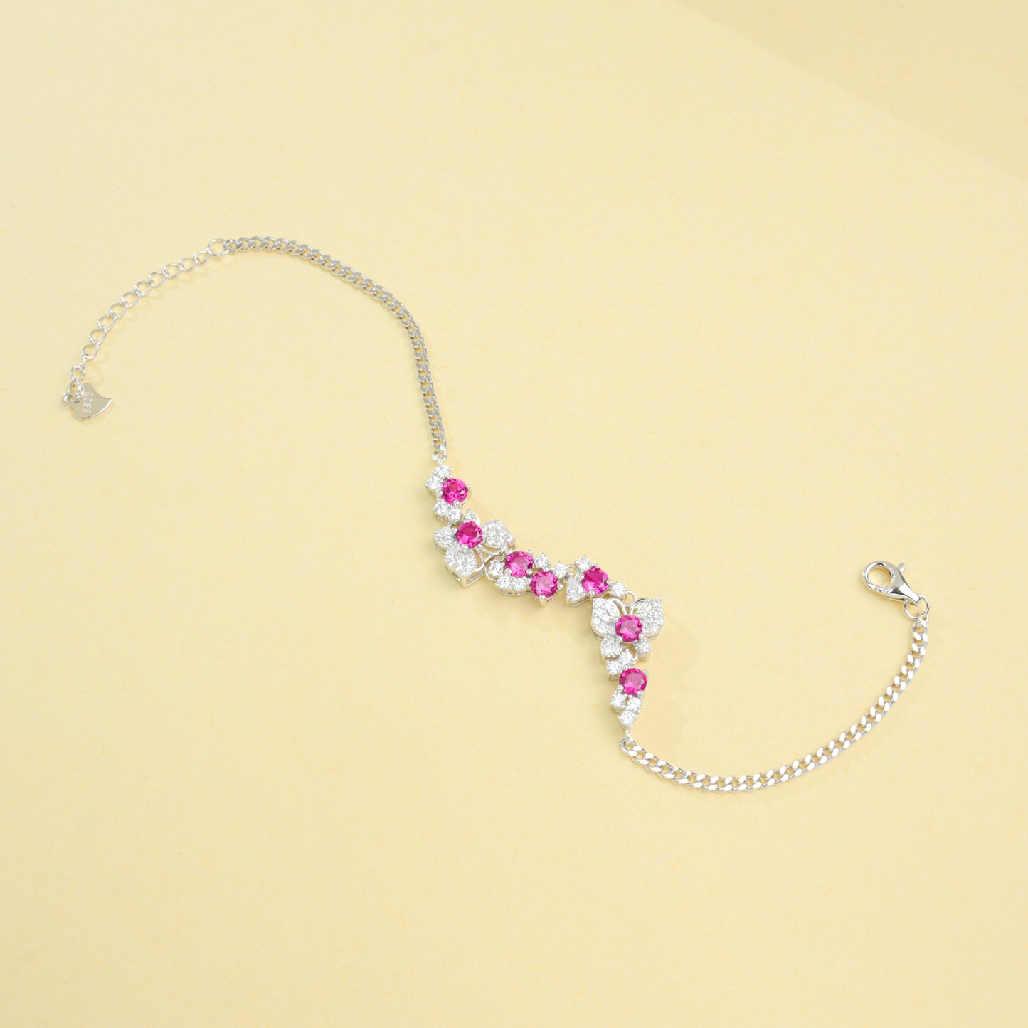 Lab Grown Ruby Floral Cluster Station Bracelet, 925 Sterling Silver 1.62ct Red Gemstone with CZ Accents, 7 Stones