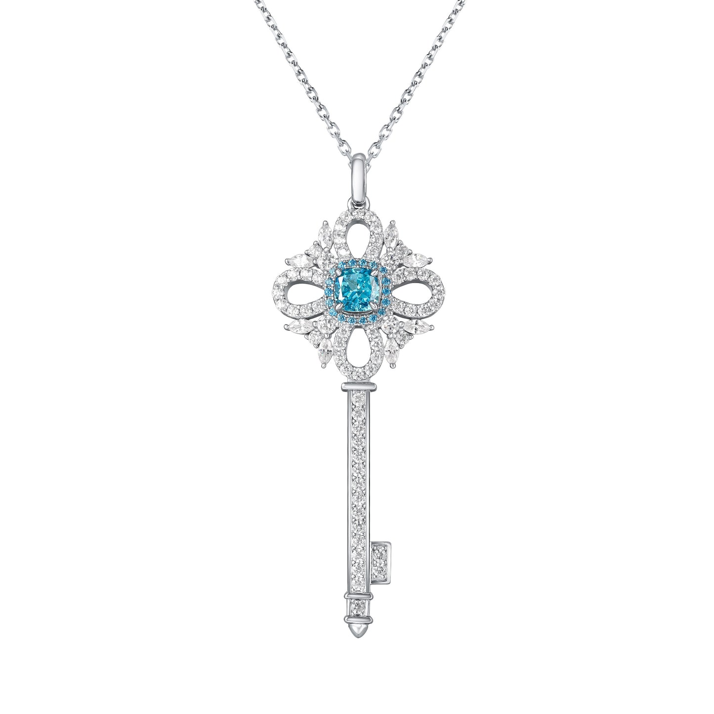 925 Sterling Silver Blue Cubic Zirconia Key Pendant Necklace | Vintage Halo Key Charm Necklace